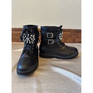 NEW ish Kurt Geiger London Women's Moto Black Rhinestone Jewel Combat Boots Sz 5